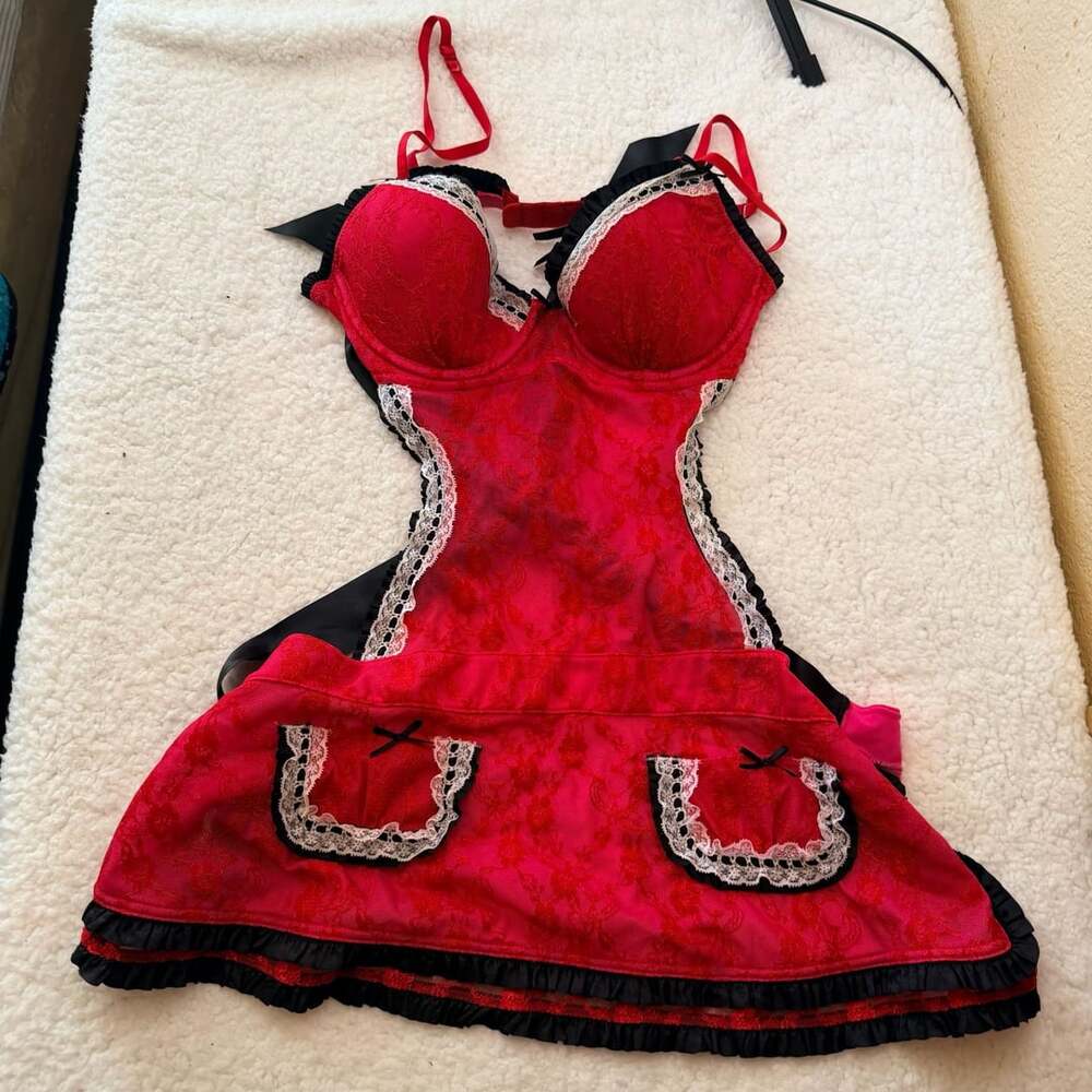 Victoria's Secret Sexy Little Things Maid Apron Size 36B Red Black Lace